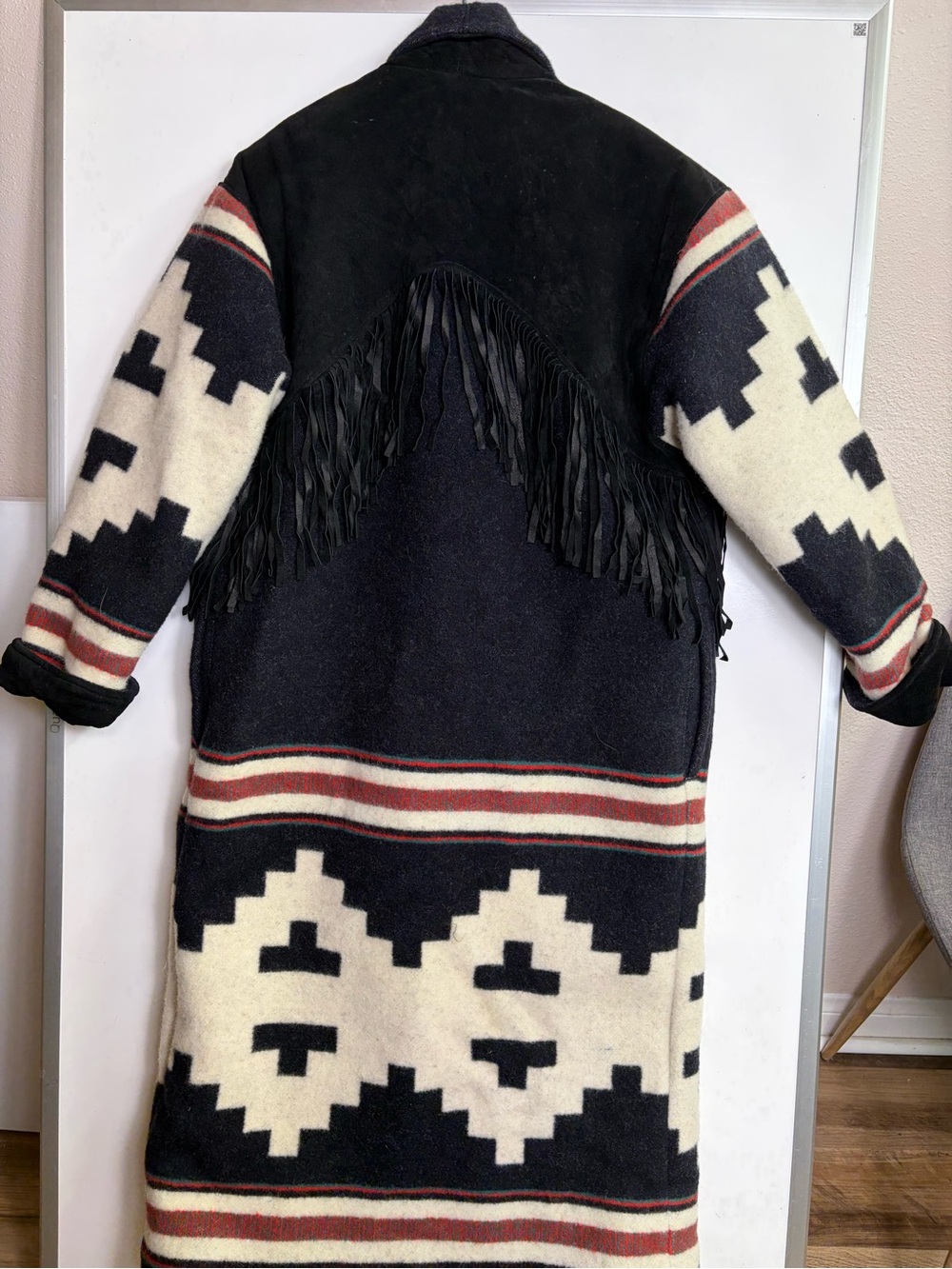 Vintage Branded Santa Fe Wool Southwestern Blanket Duster Coat Black Suede M - Picture 9 of 9